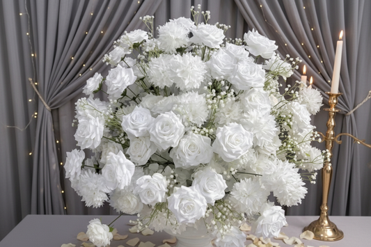 Bouquet Fleurs Blanches Roses & Gypsophile +85cm – Centre de Table Mariage – Neuf | Luxury Events