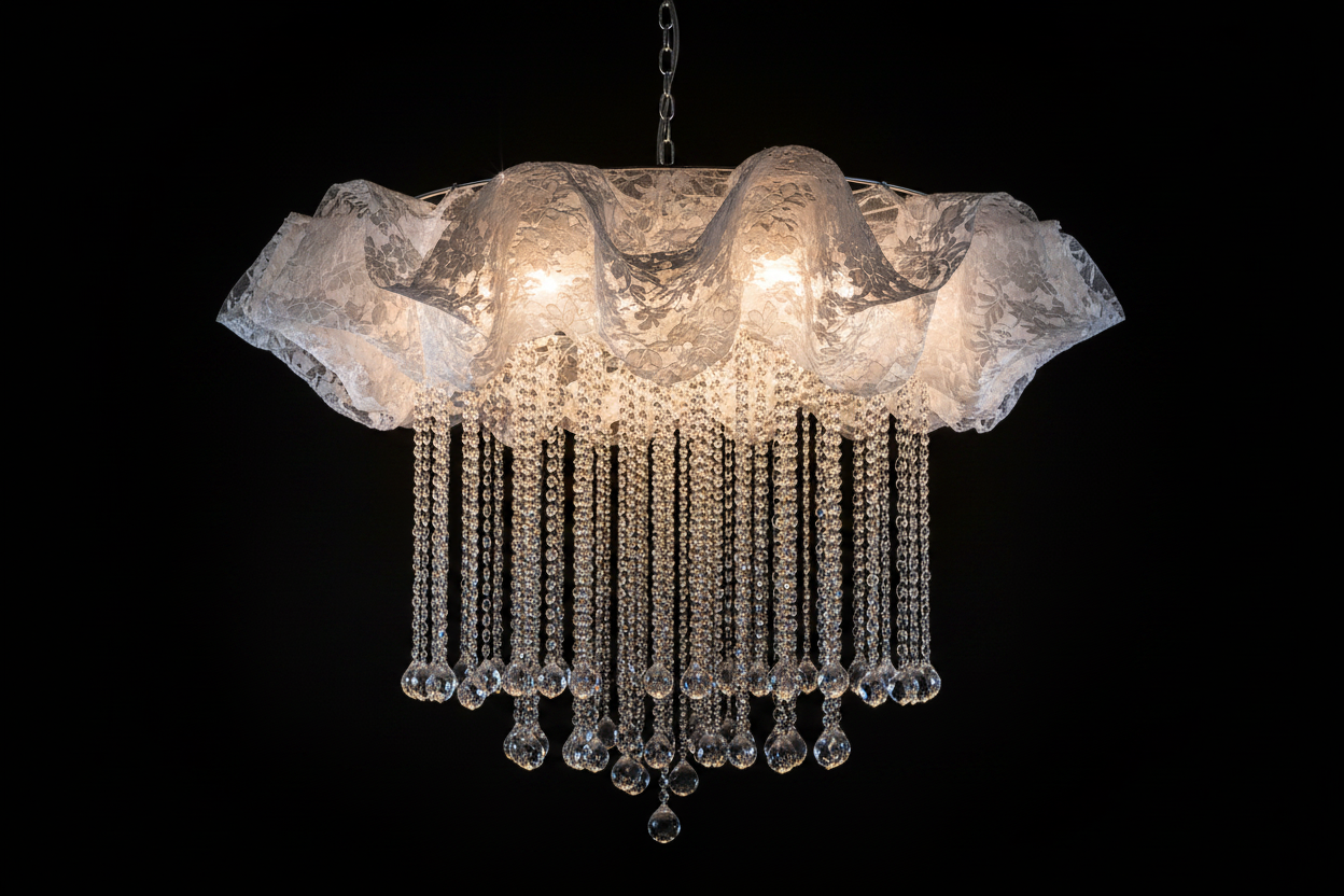 Lustre Dentelle & Cristal 1m de Diamètre – Décoration Plafond Mariage – Neuf | Luxury Events