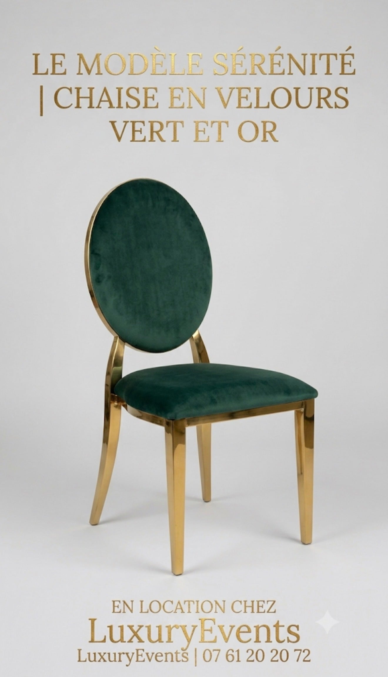 Location Chaise Sérénité Médaillon Velours Vert – Encadrement Or | Modèle Exclusif