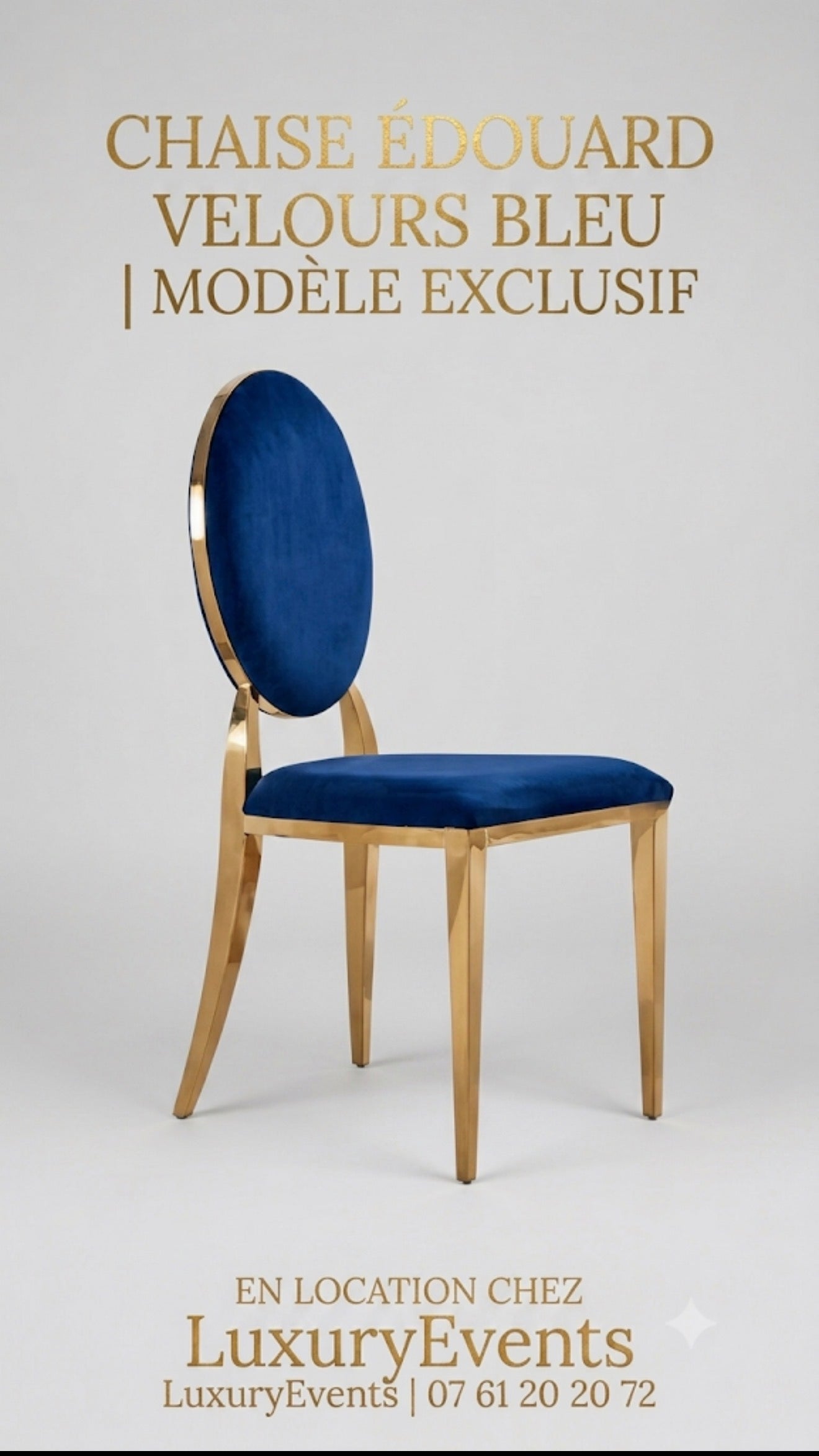 Location Chaise Édouard Médaillon Velours Bleu – Encadrement Or | Modèle Exclusif