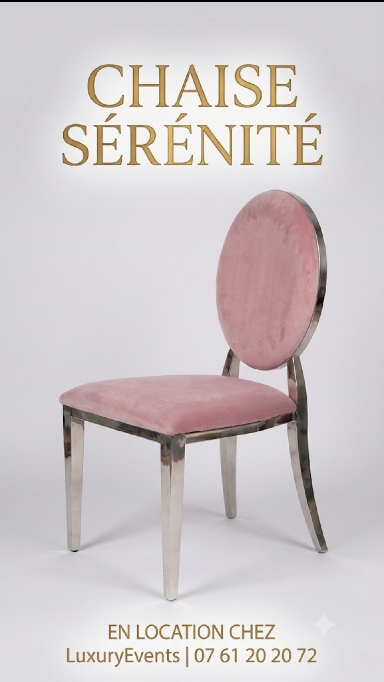 Location Chaise Médaillon Velours Rose – Encadrement Argenté Sérénité