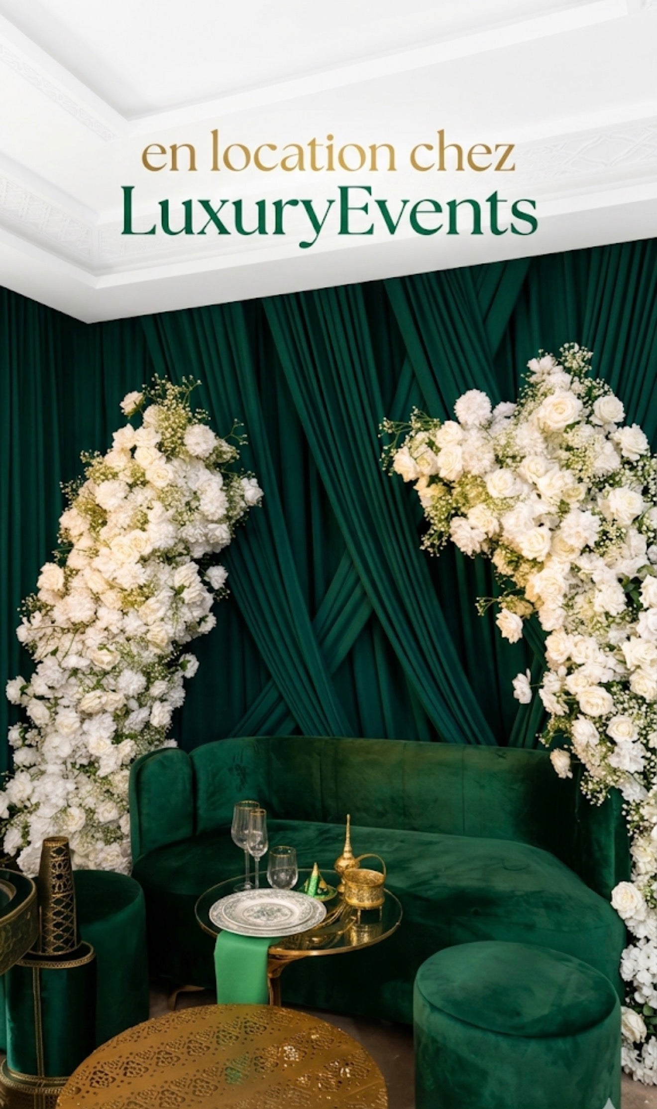 Espace Trône Velours Vert & Floral Blanc