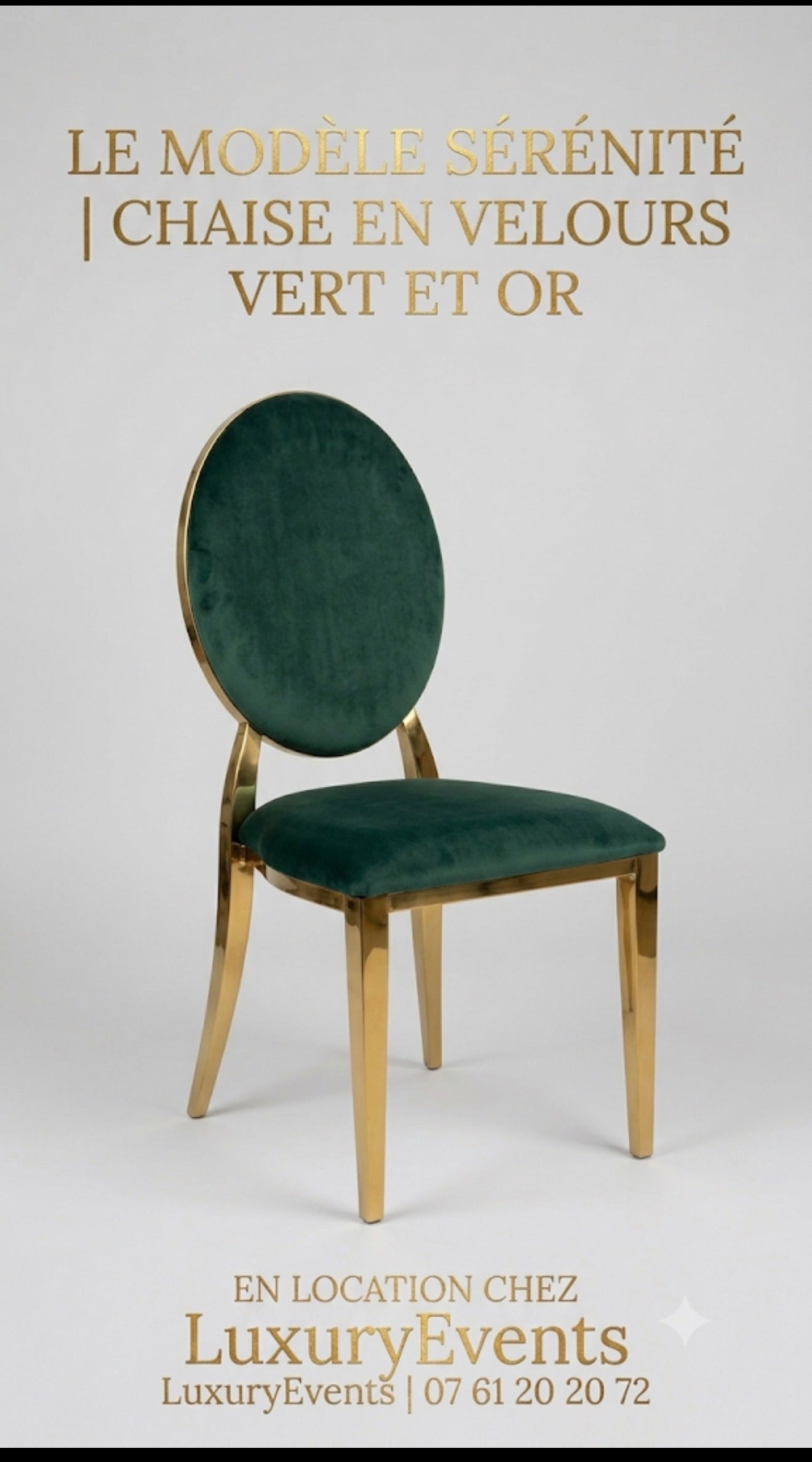 Location Chaise Sérénité Médaillon Velours Vert – Encadrement Or | Modèle Exclusif