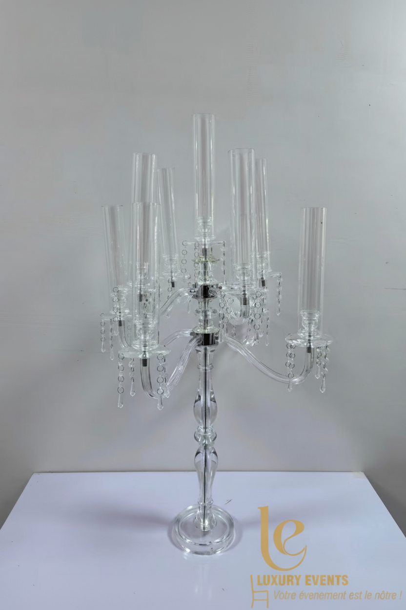 Chandelier Candélabre Plexiglass Transparent 1m20 – 9 Bras | Luxury Events
