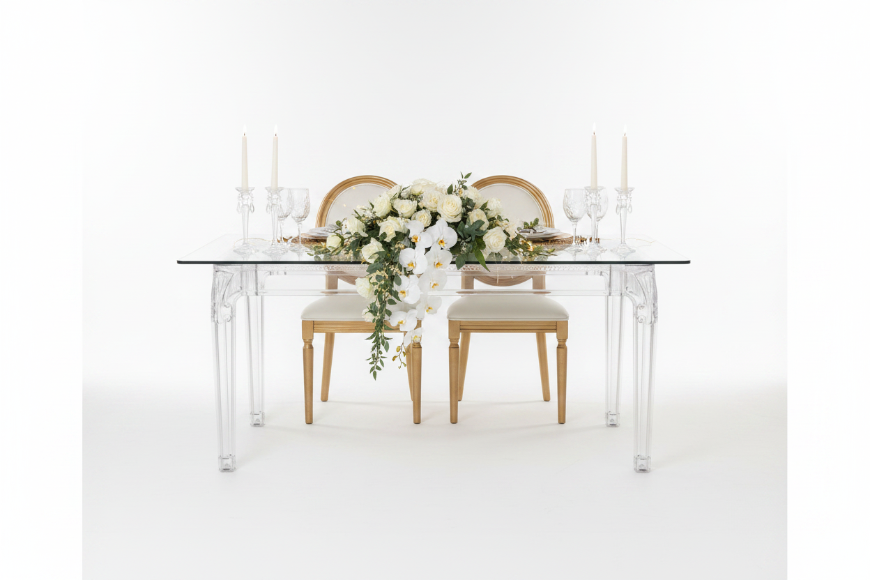 Table d'Honneur Plateau Verre Sécurit Pieds Plexi Transparent – Neuve | Luxury Events
