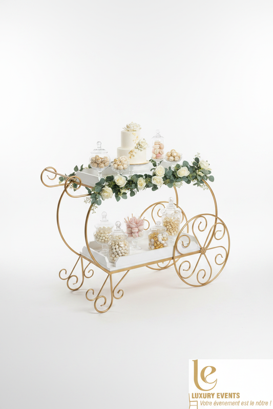 Chariot Gâteau & Bar à Bonbons Or & Blanc – 2 Plateaux | Luxury Events