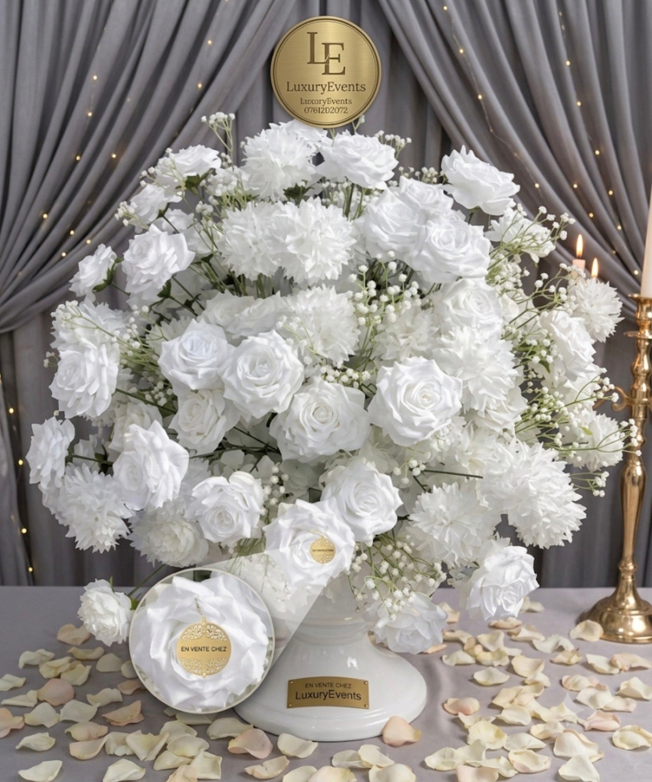 Bouquet Fleurs Blanches Roses & Gypsophile +85cm – Centre de Table Mariage – Neuf | Luxury Events