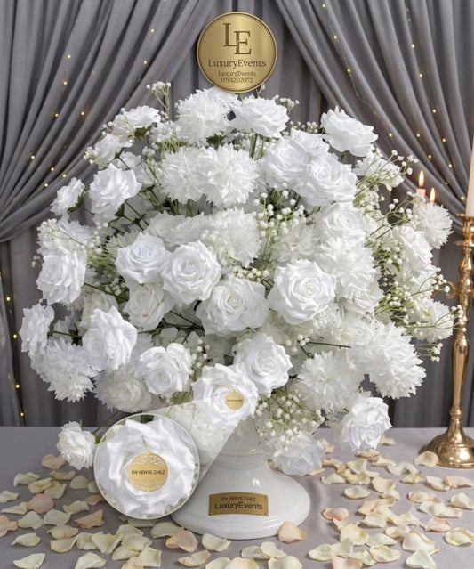 Bouquet Fleurs Blanches Roses & Gypsophile +85cm – Centre de Table Mariage – Neuf | Luxury Events